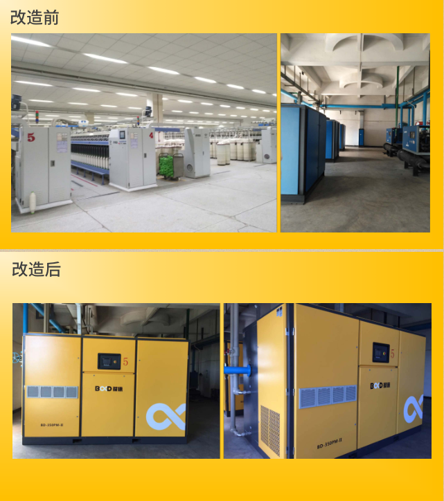 奔達(dá)紡織空壓機(jī)改造前后現(xiàn)場對(duì)比圖